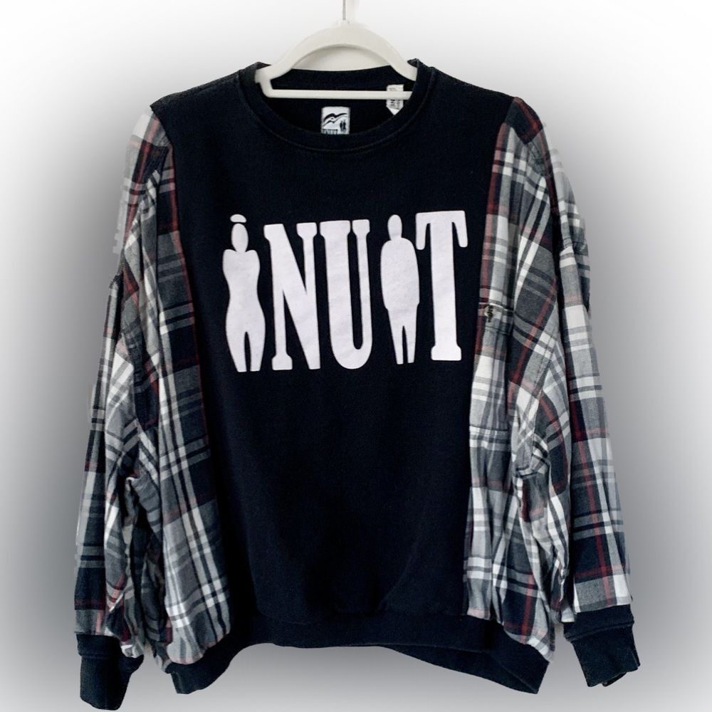 Upcycled Inuit Sweatshirt Flannel Sleeves 
Top